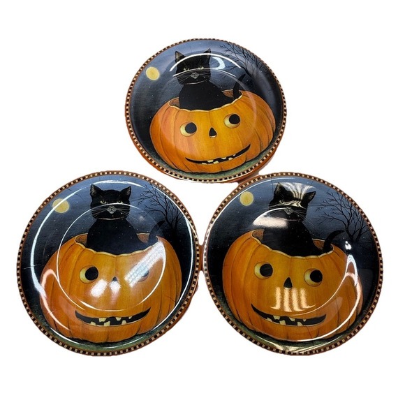 Vintage Melamine Halloween Black Cat Pumpkin Jack o Lantern Plate 9" Set Of 3 - Picture 5 of 6